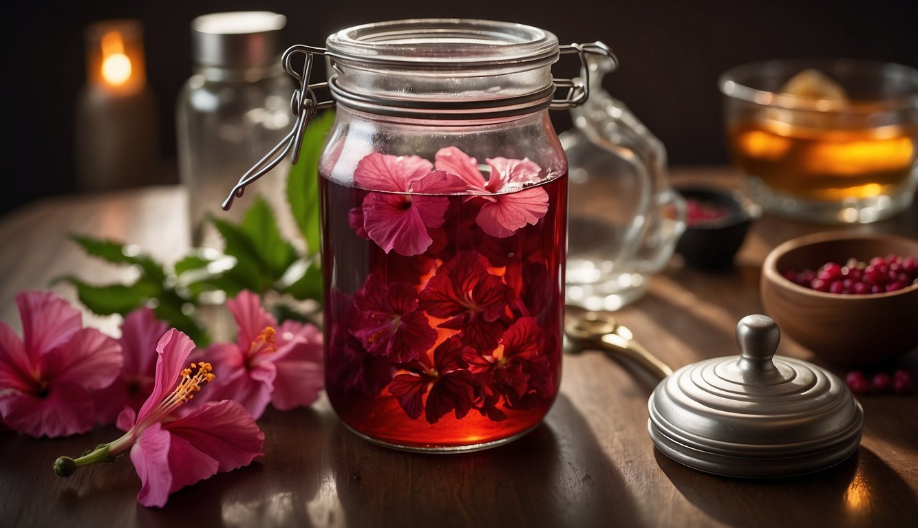 A glass jar filled with hibiscus flowers soaking in alcohol, surrounded by measuring spoons, a funnel, and a label