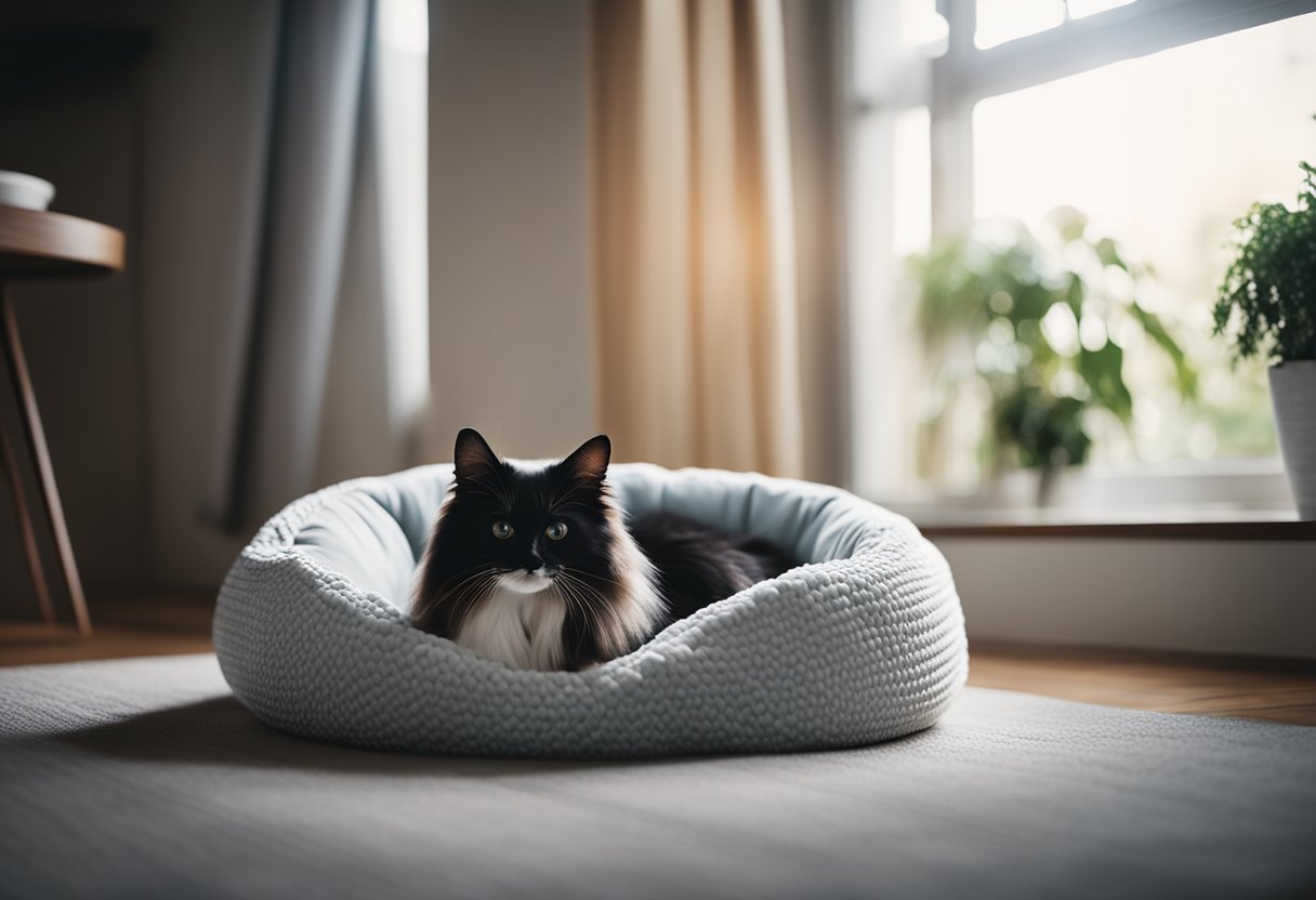 A cozy pet bed in a quiet, dimly lit room with soft blankets, soothing music, and a gentle breeze from an open window