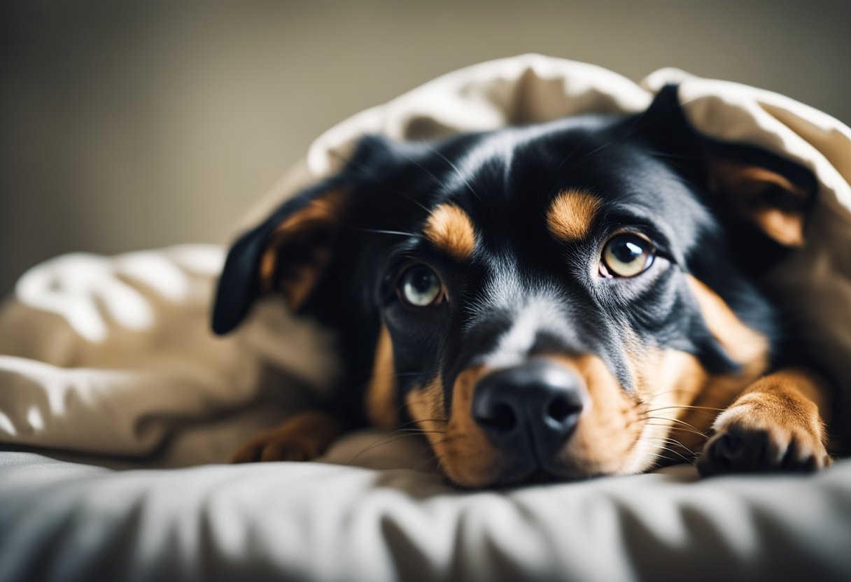 A dog lying awake in bed, staring at the ceiling with a restless expression. A cat tossing and turning in its sleep, occasionally waking up with a start