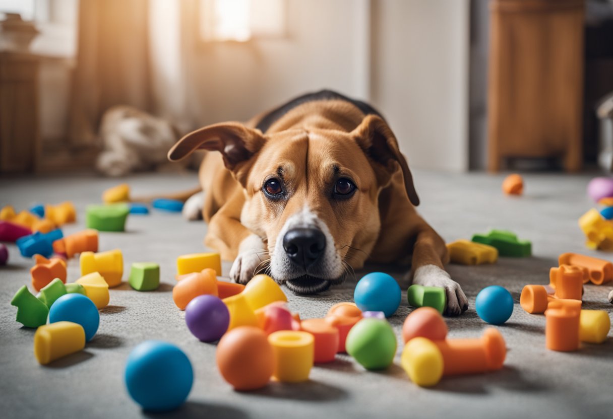 A dog cowers in a corner, ears flattened, tail tucked, and panting heavily, surrounded by scattered toys and overturned food bowls