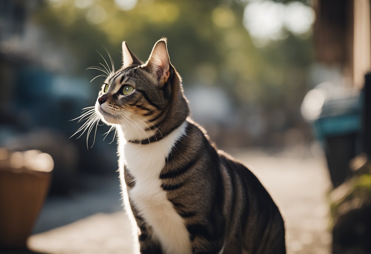 A pet pacing back and forth, tail tucked, ears flattened, and panting heavily in a cluttered and noisy environment