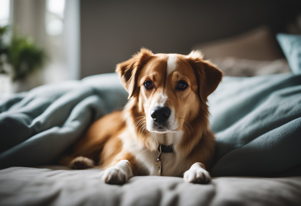 A dog lying on a cozy bed, surrounded by calming colors and soft lighting, with a soothing music playing in the background