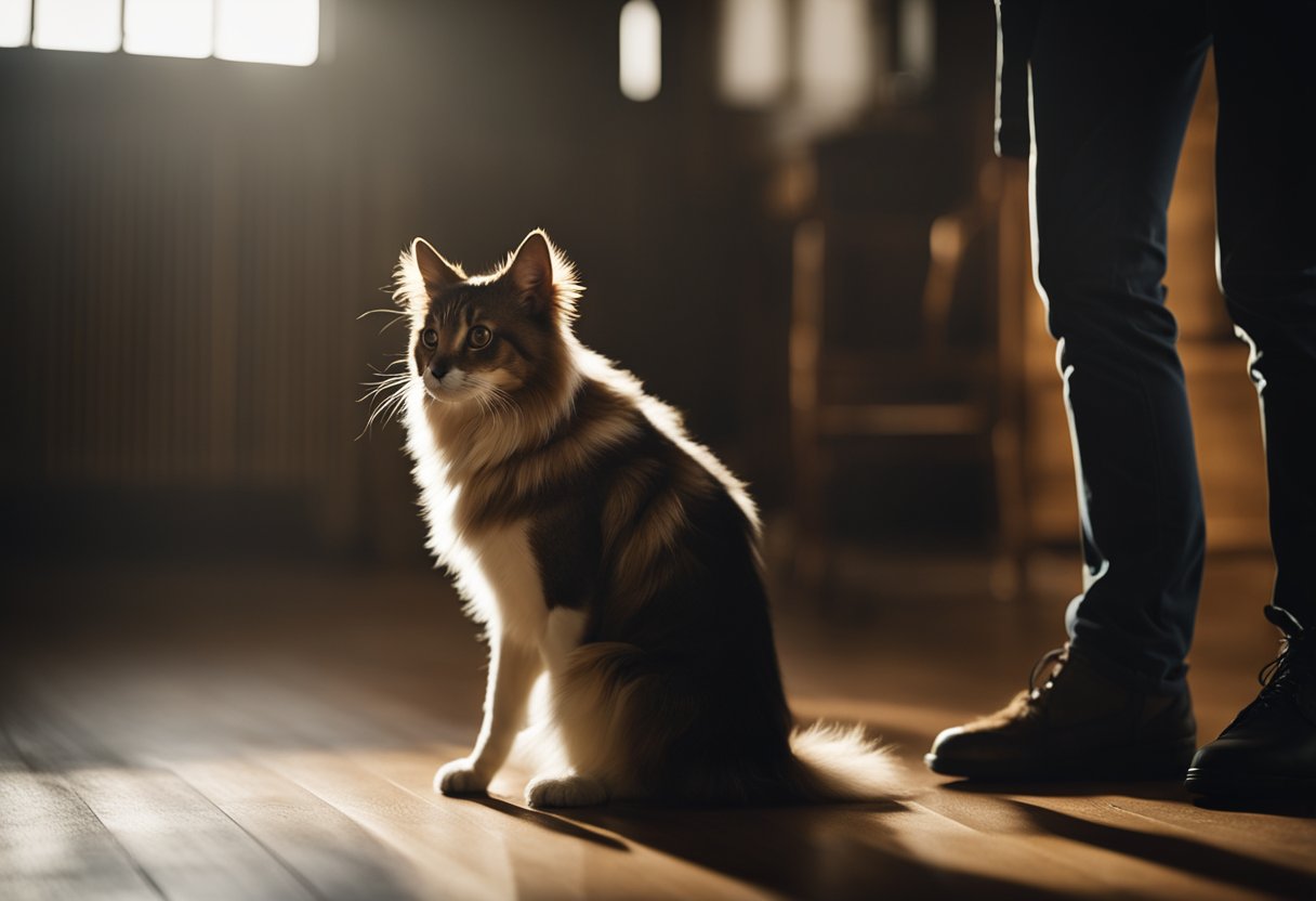 A distressed pet pacing in a dimly lit room, with fur standing on end and ears pinned back, while a concerned owner looks on from a distance