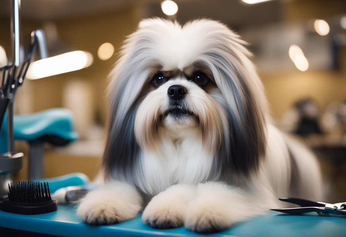 A fluffy dog sits on a grooming table, surrounded by brushes, combs, and scissors. A groomer carefully trims its fur, while another brushes its coat