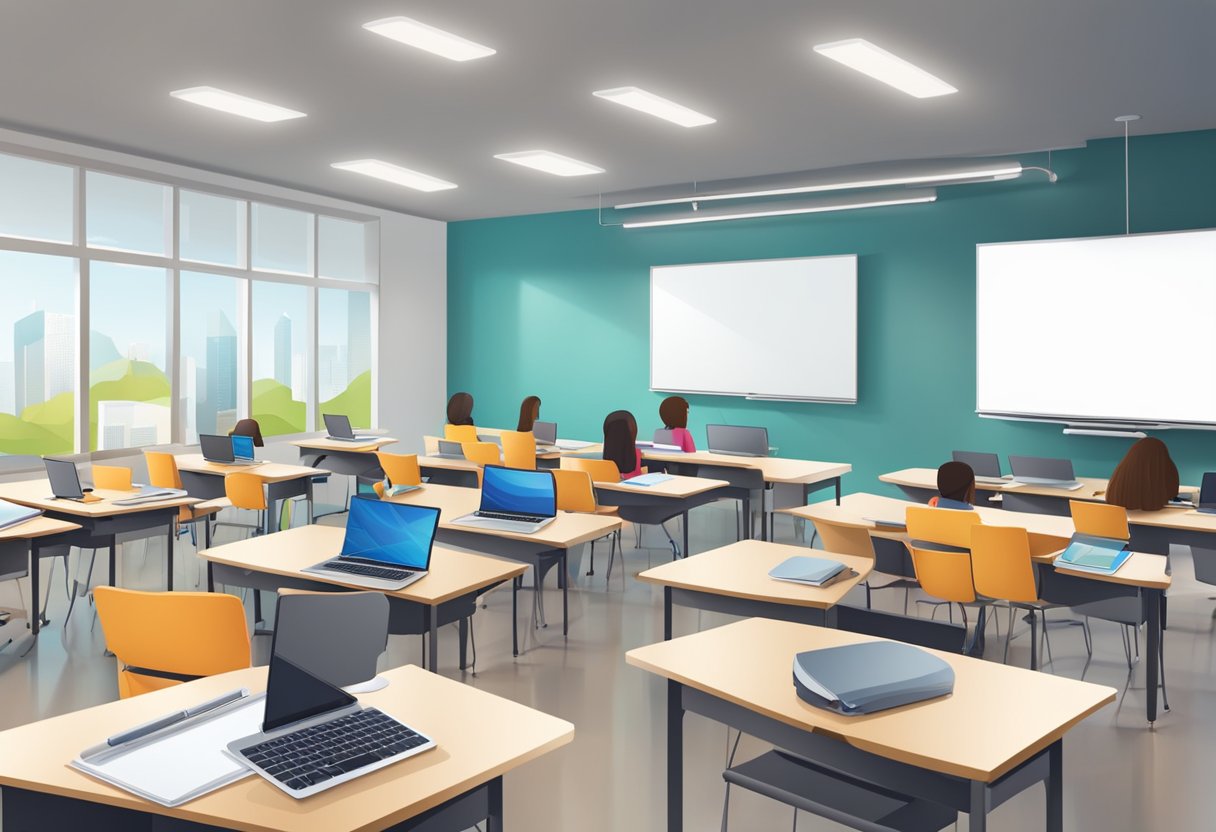 A modern classroom with interactive whiteboards, tablets, and smart projectors. Students engage with technology for seamless learning and efficient management