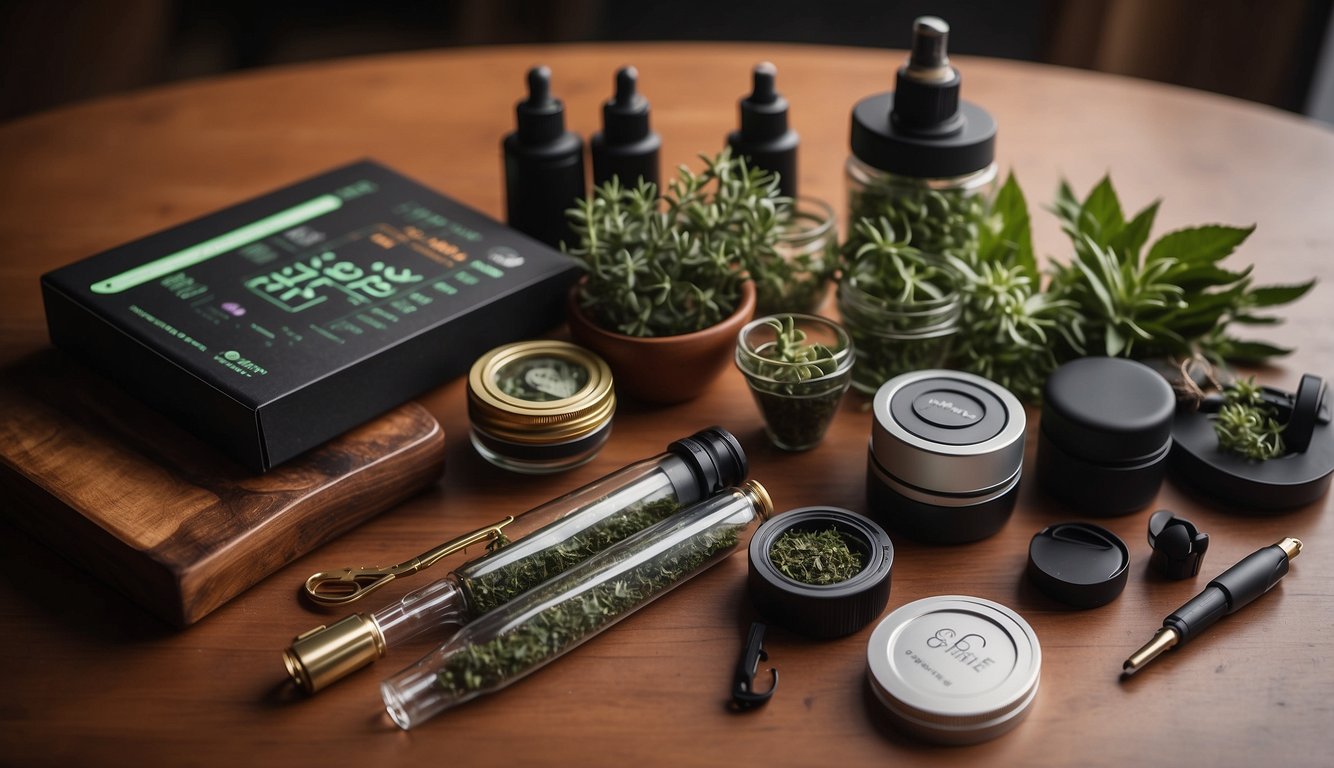 A table with a variety of g pen herbal accessories and add-ons neatly arranged for a review