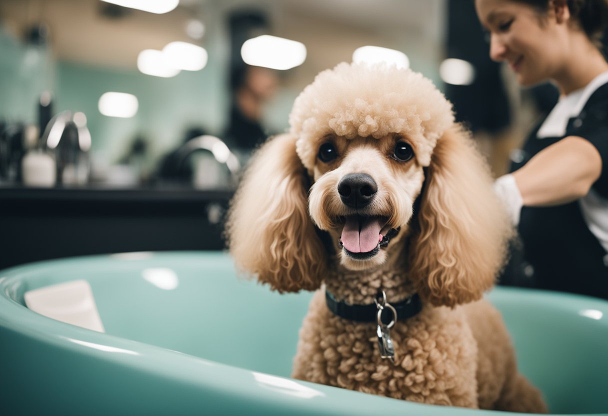 A poodle getting bathed and blow-dried at a grooming salon