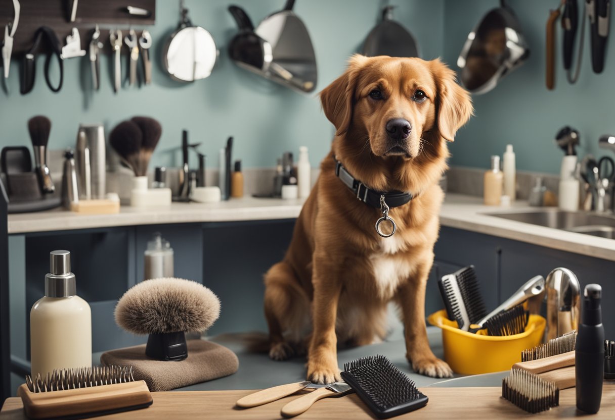 A dog sitting on a grooming table, surrounded by various grooming tools such as brushes, combs, and scissors. The dog has a calm expression, and the groomer is carefully tending to its coat
