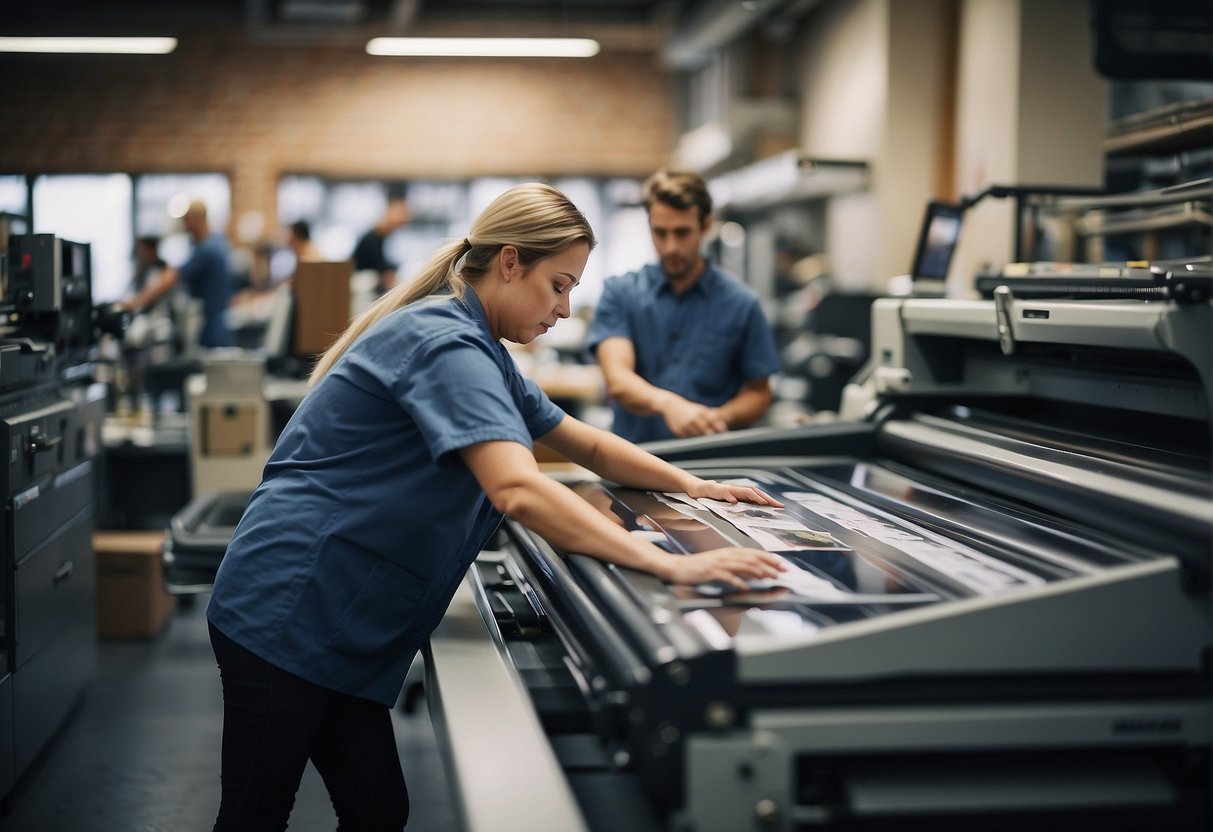 A bustling print shop with large format printers, vibrant paper stock, and a team of workers producing marketing materials