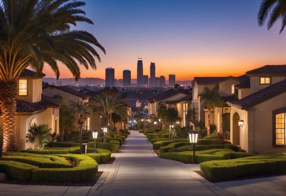 A vibrant orange county skyline with a mix of modern and traditional buildings, highlighted by bold and sleek graphic design elements