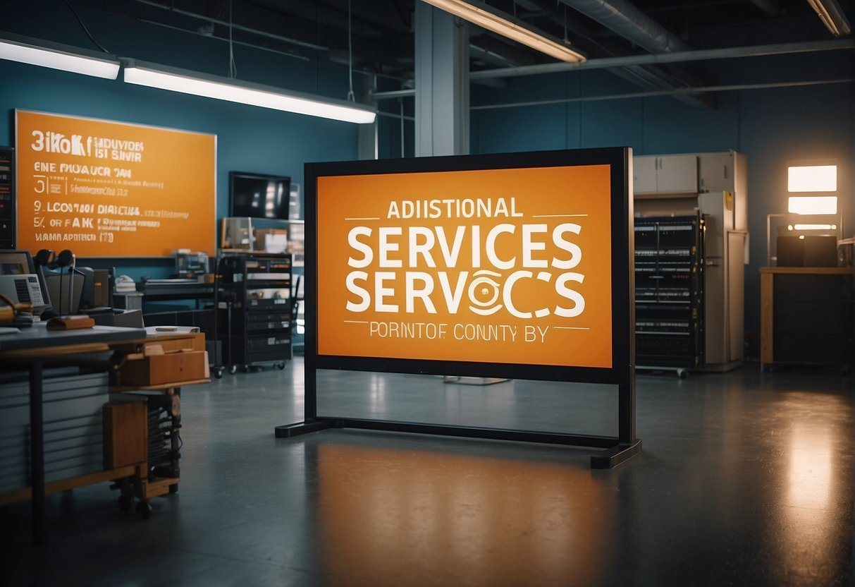 A vibrant signboard displays "Additional Services and Offerings Orange County Printing" against a backdrop of a modern and professional print shop