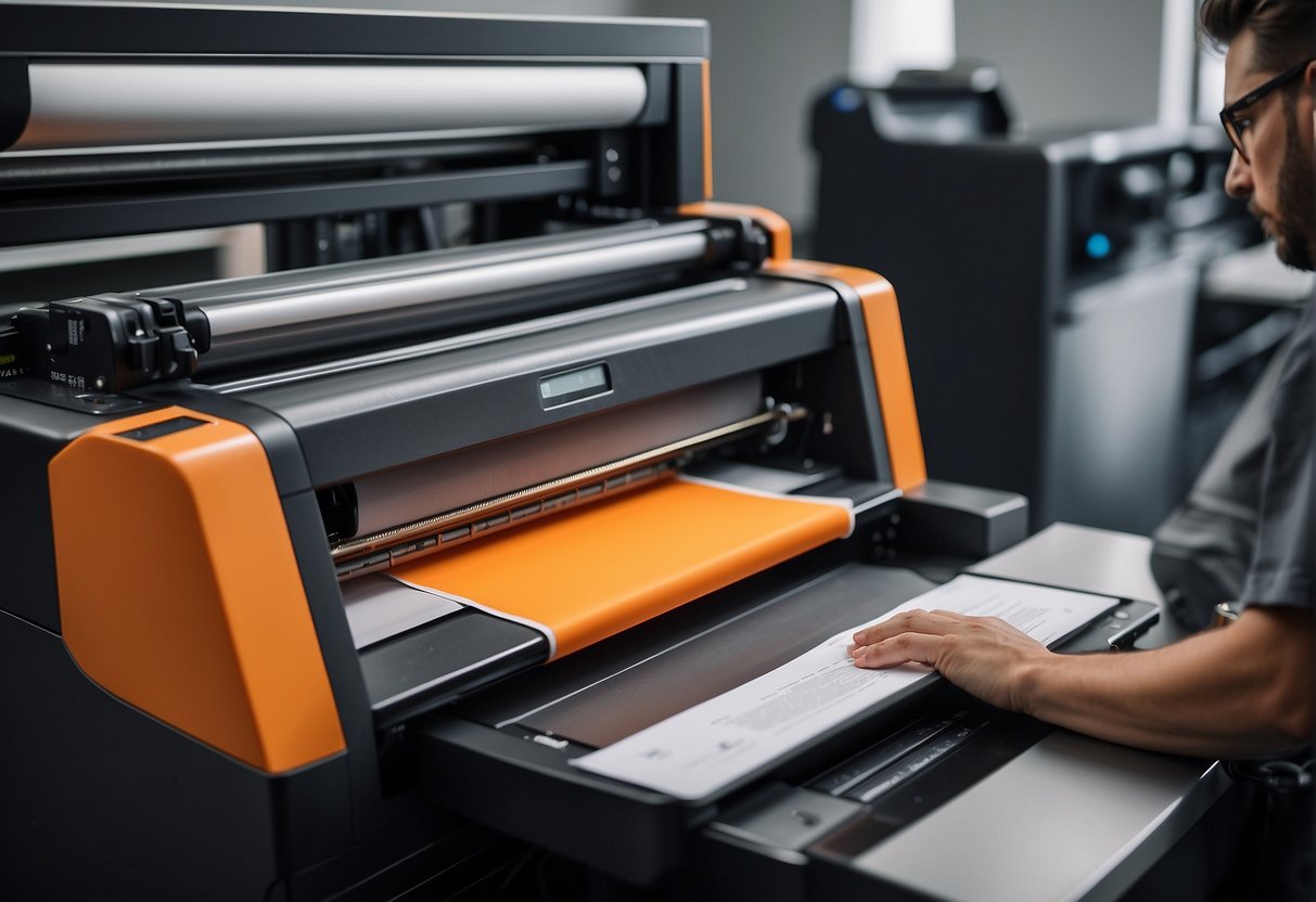 A printer in Orange County applies finishing touches to a freshly printed document, ensuring high-quality results