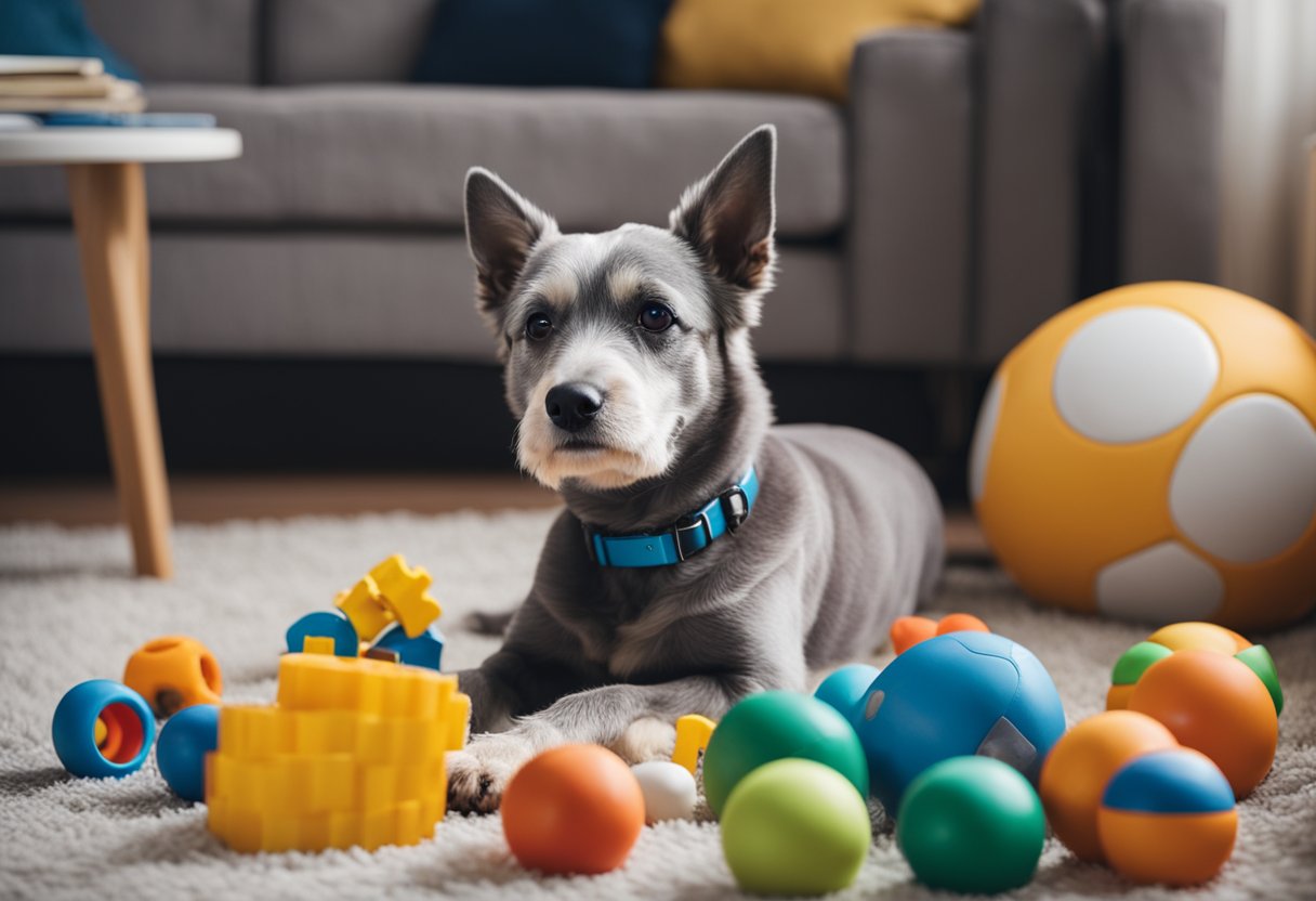 A gray-haired dog rests on a cushion, surrounded by toys and a food bowl. A calendar on the wall marks the passage of time