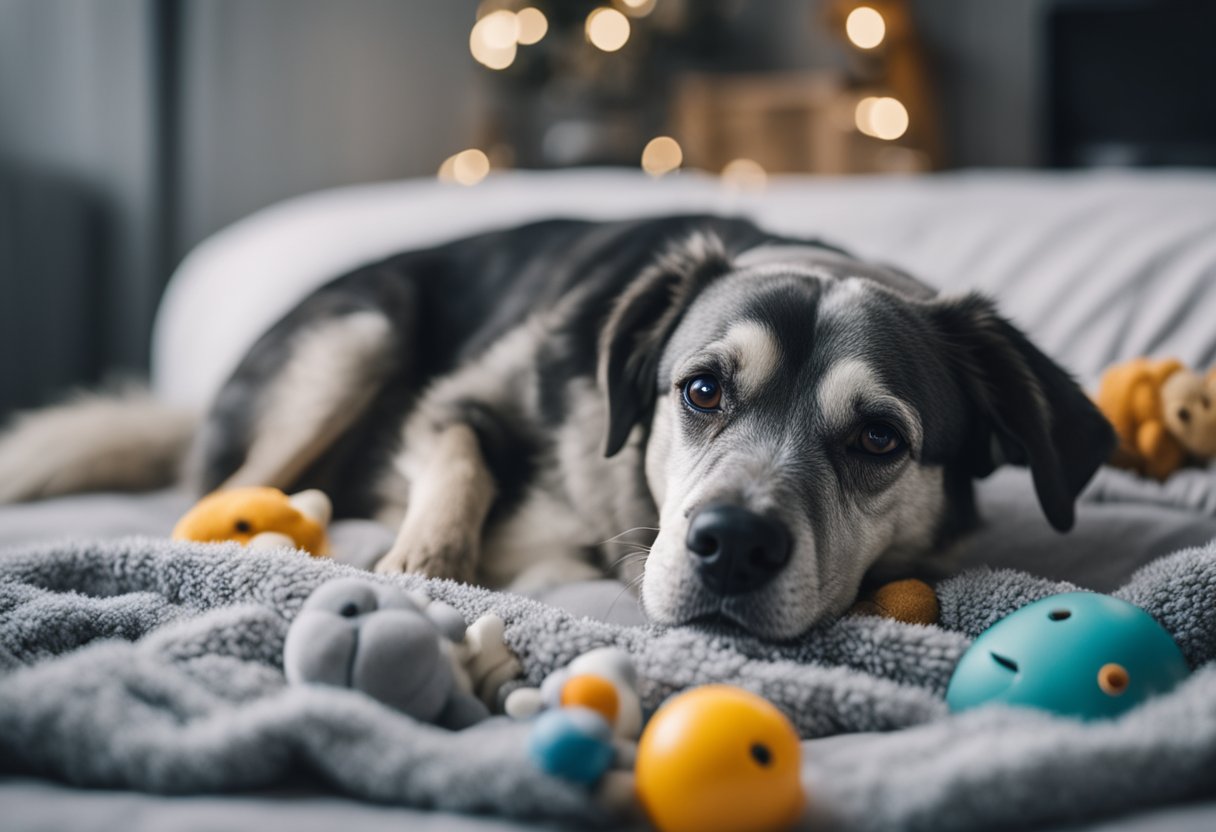 An old dog with gray fur lies on a soft bed, surrounded by familiar toys and a comforting blanket. A gentle smile on its face shows contentment