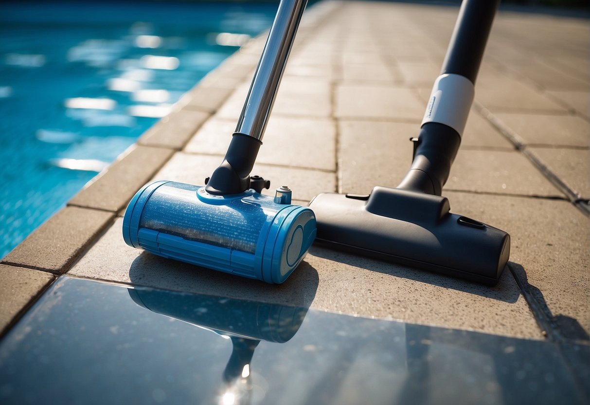 A pool vacuum glides along the bottom of a sparkling blue swimming pool, removing debris and dirt with precise and efficient movements