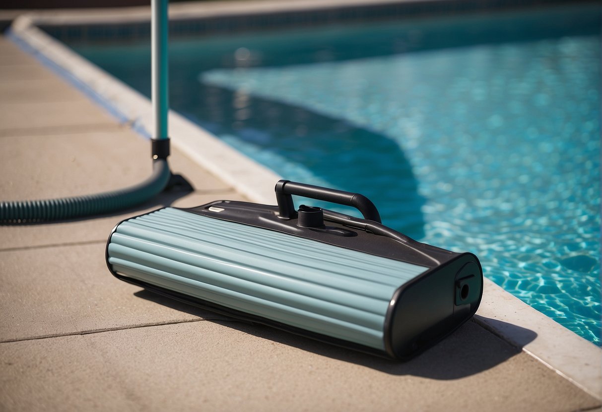 A pool vacuum is set up next to a clean pool. The vacuum head is attached to a telescopic pole, and the hose is connected to a skimmer or dedicated vacuum line. The vacuum head is slowly moved across the pool floor in overlapping strokes
