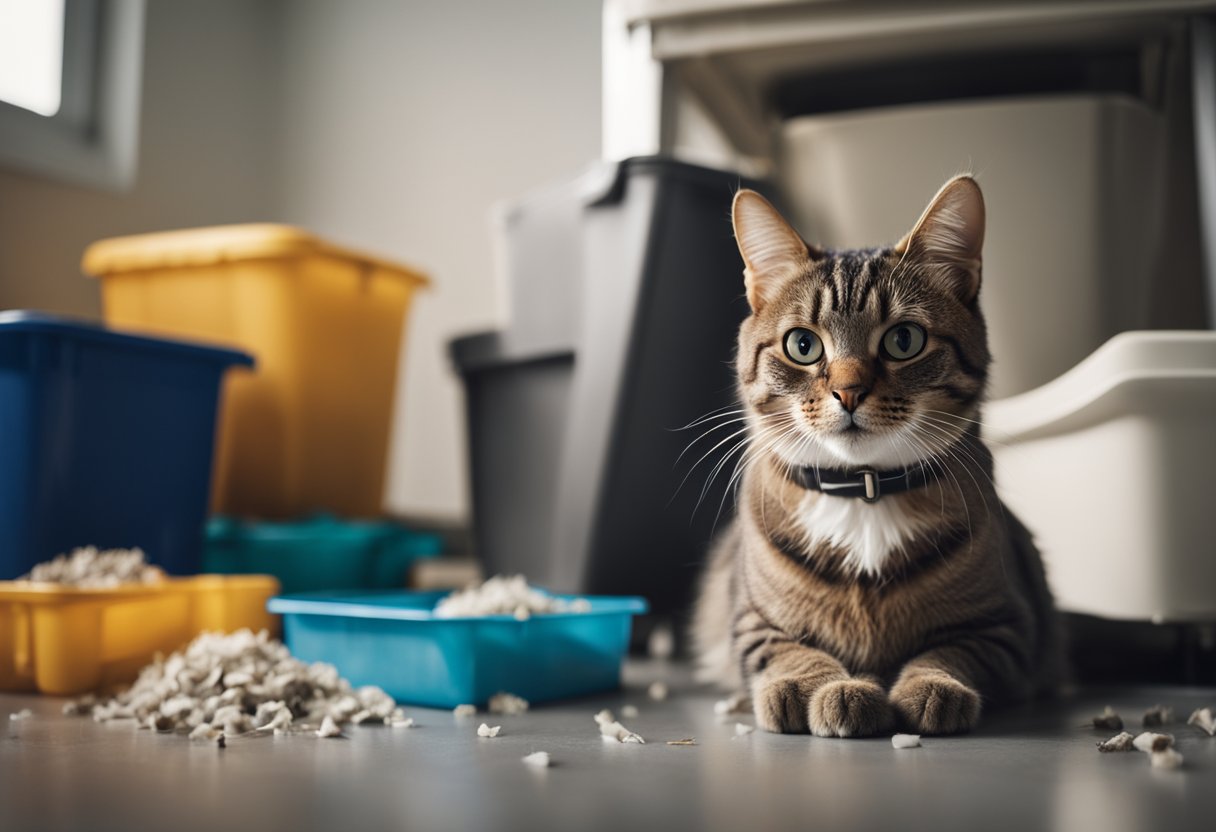 A cat sits beside a messy litter box, with scattered litter and waste. The cat looks displeased, while the litter box is in need of cleaning