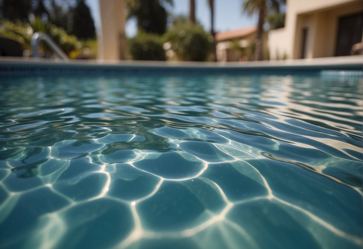 A pool vacuum moves methodically across the bottom, removing debris and dirt. The water ripples as the vacuum glides, leaving the pool clean and sparkling