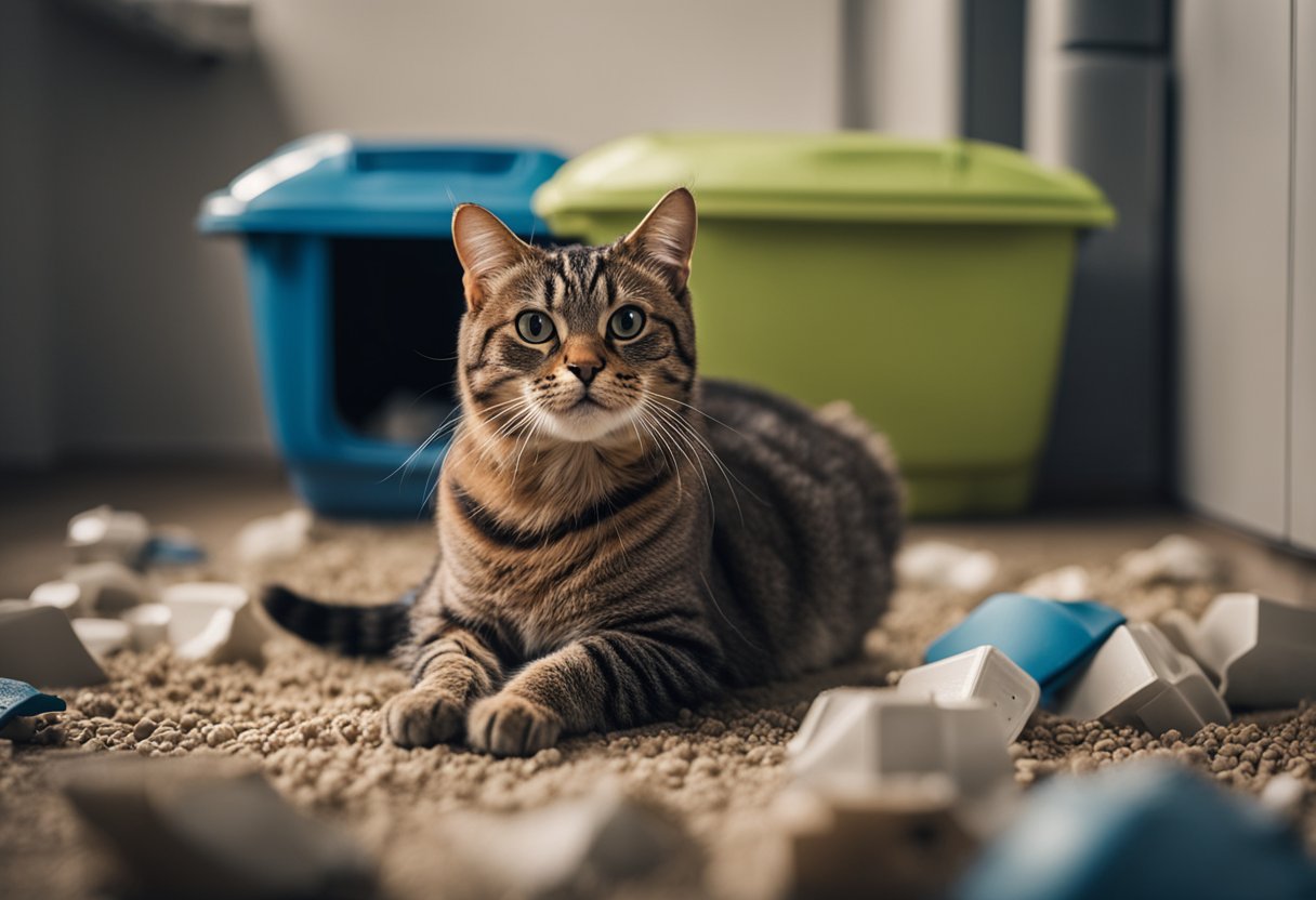 A cat sits next to a messy litter box, looking displeased. The box is too small and the litter is scattered around