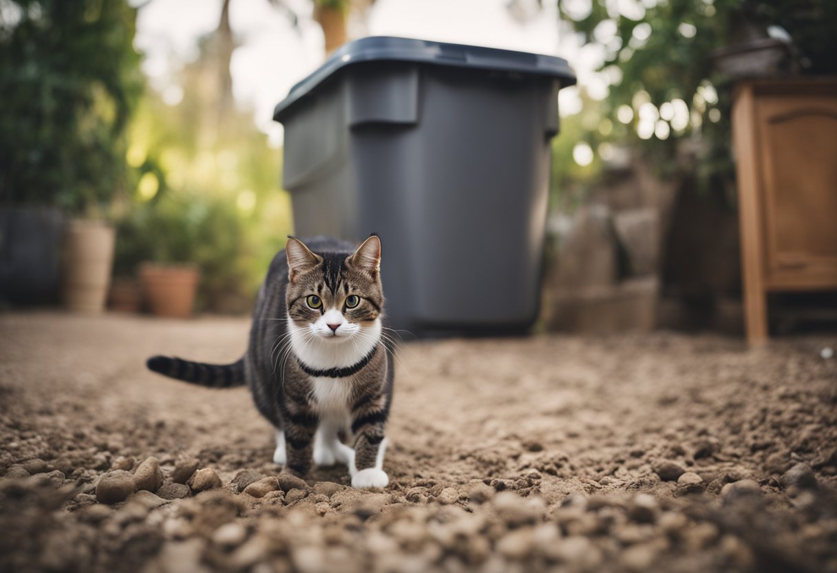 A cat stands next to a messy litter box, looking frustrated. A clean litter box with fresh litter and a cozy, private location is nearby