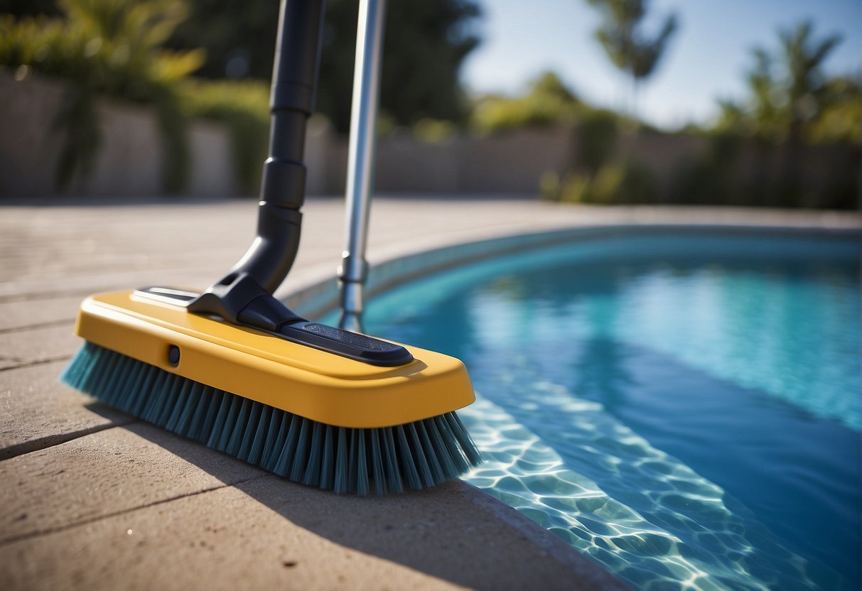 A pool brush sweeping the bottom and sides of a clean, clear pool. The brush is being used with purpose and determination, ensuring thorough maintenance