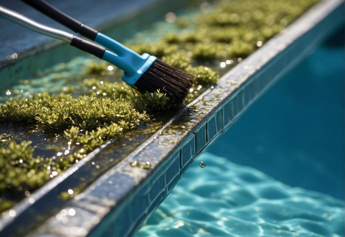 A pool brush sweeping away algae and debris from the pool surface, preventing buildup. Clear blue water with sparkling reflections