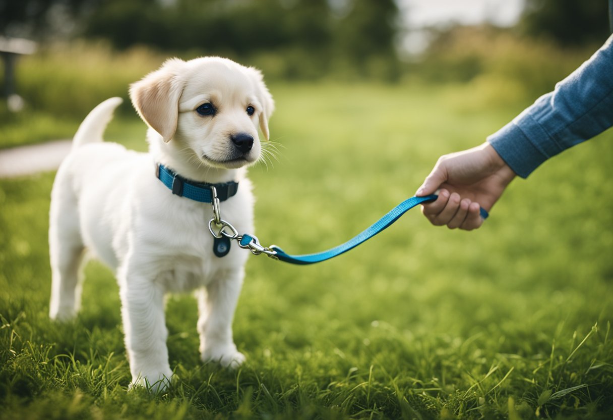 A puppy standing on a grassy patch, leash attached, with a potty pad nearby and a treat in the owner's hand