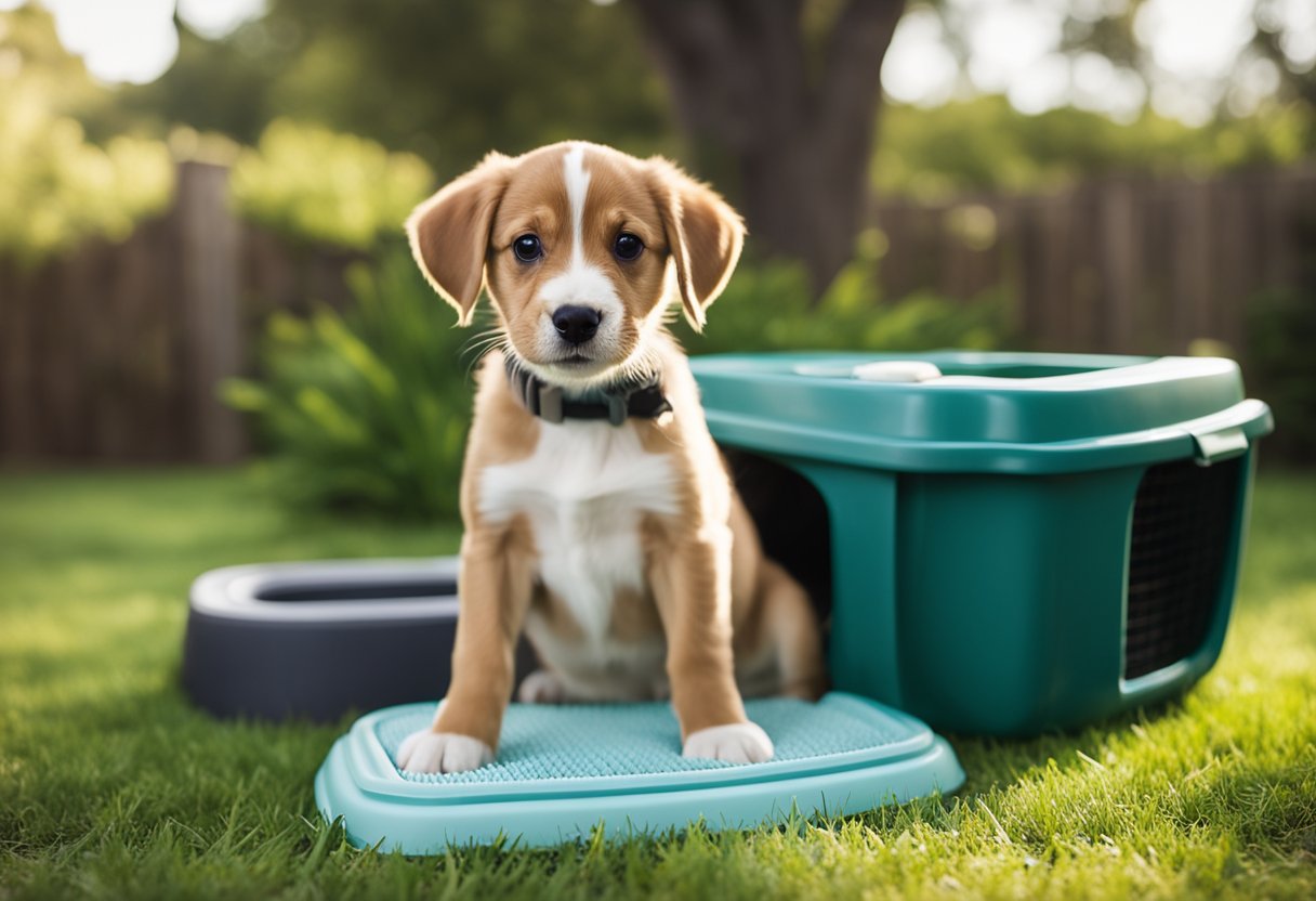 A puppy stands next to a selection of potty training equipment, including pee pads, a grass patch, and a training crate