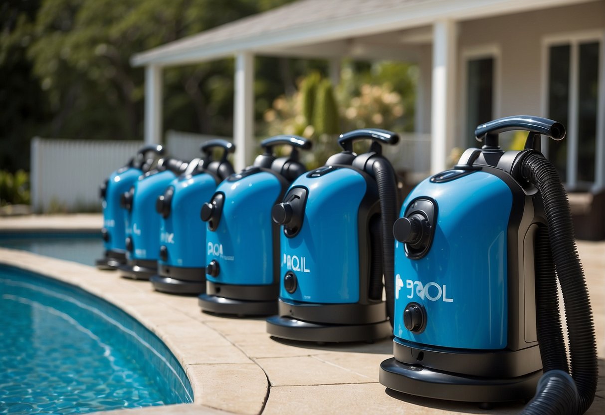 A variety of pool vacuums displayed with labels and descriptions, including robotic, suction-side, and pressure-side models. The vacuums are shown in a pool setting, with clear blue water and surrounding tiles