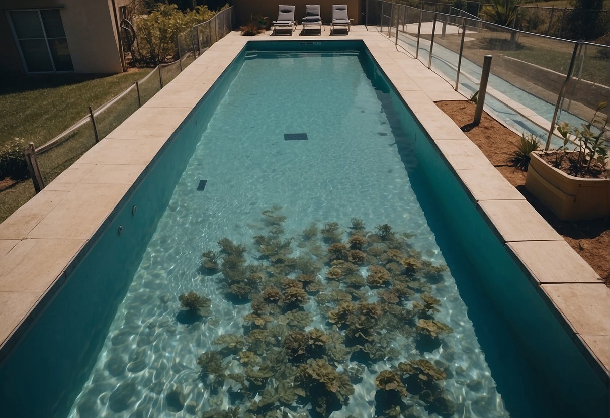 A pool with various debris and dirt on the surface, a vacuum system connected to the pool's filtration system, and a person selecting the appropriate vacuum for the pool's size and type