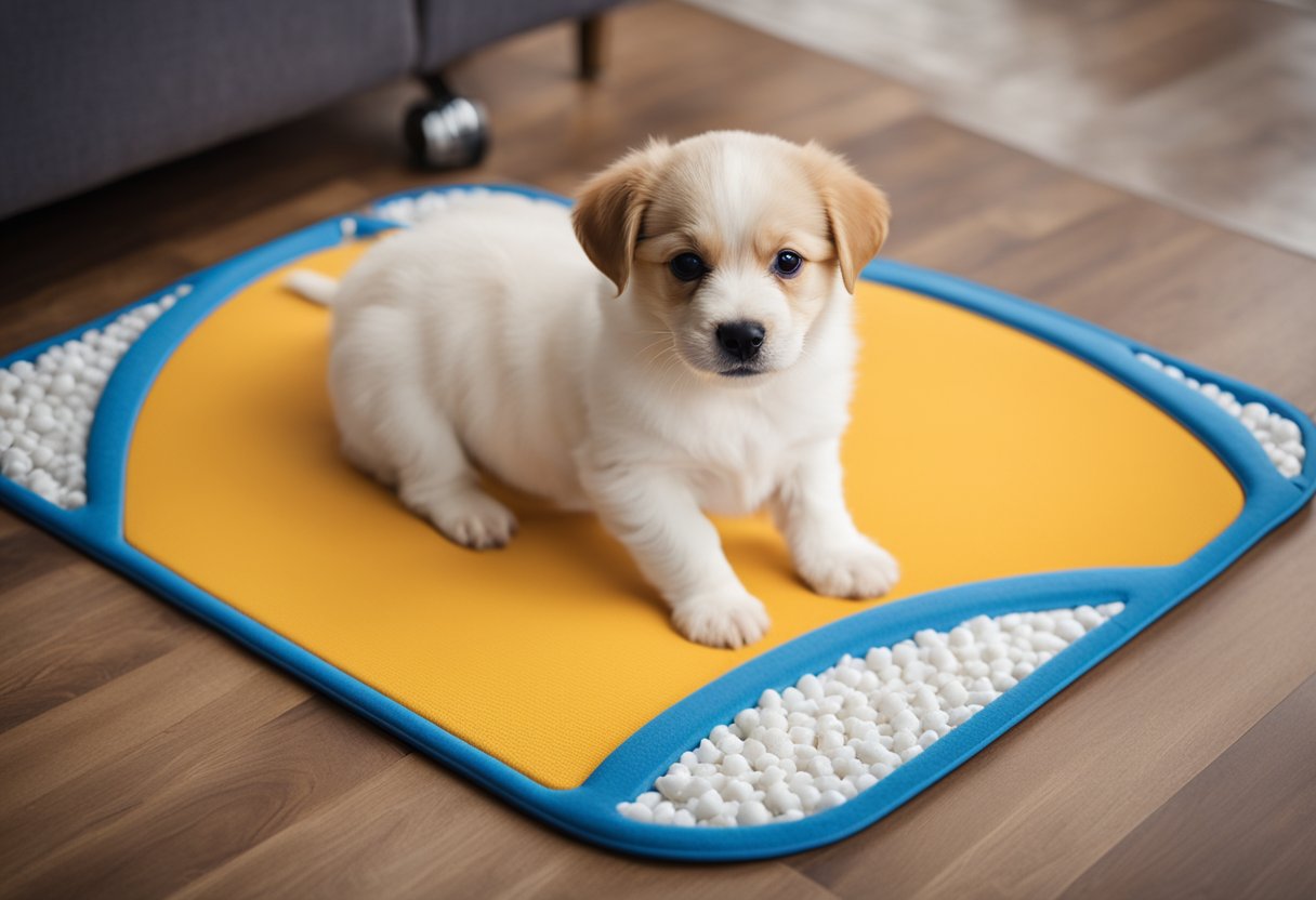 A puppy sits on a potty training pad while its owner praises and rewards it for using the pad correctly