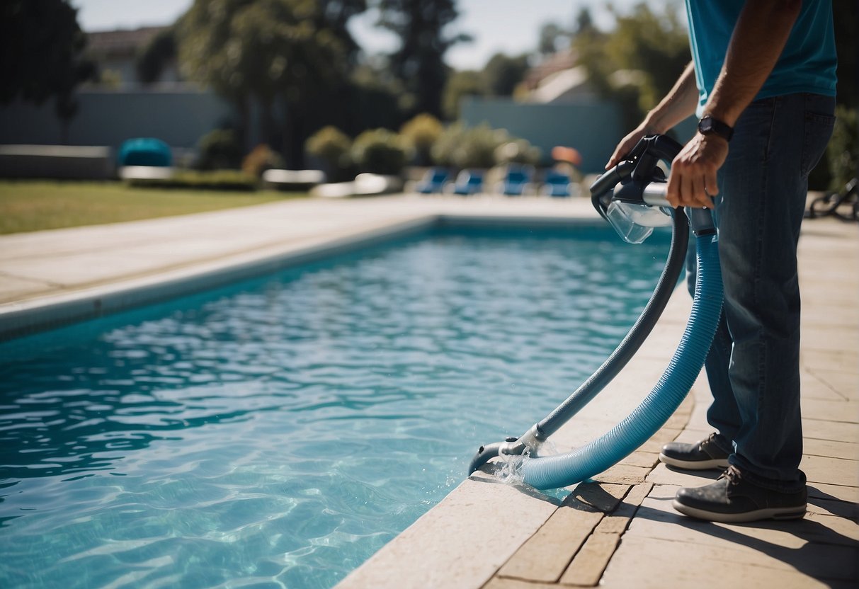 A large swimming pool with clear blue water, a vacuum hose attached to a pool skimmer, and a person standing at the edge, operating the vacuuming equipment
