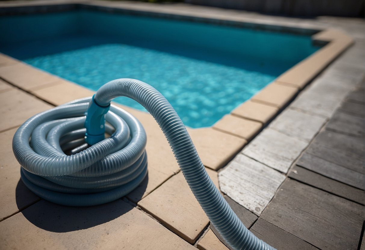 A pool vacuum hose is connected to the pool skimmer and laid out straight along the pool deck. The vacuum head is attached and ready for use