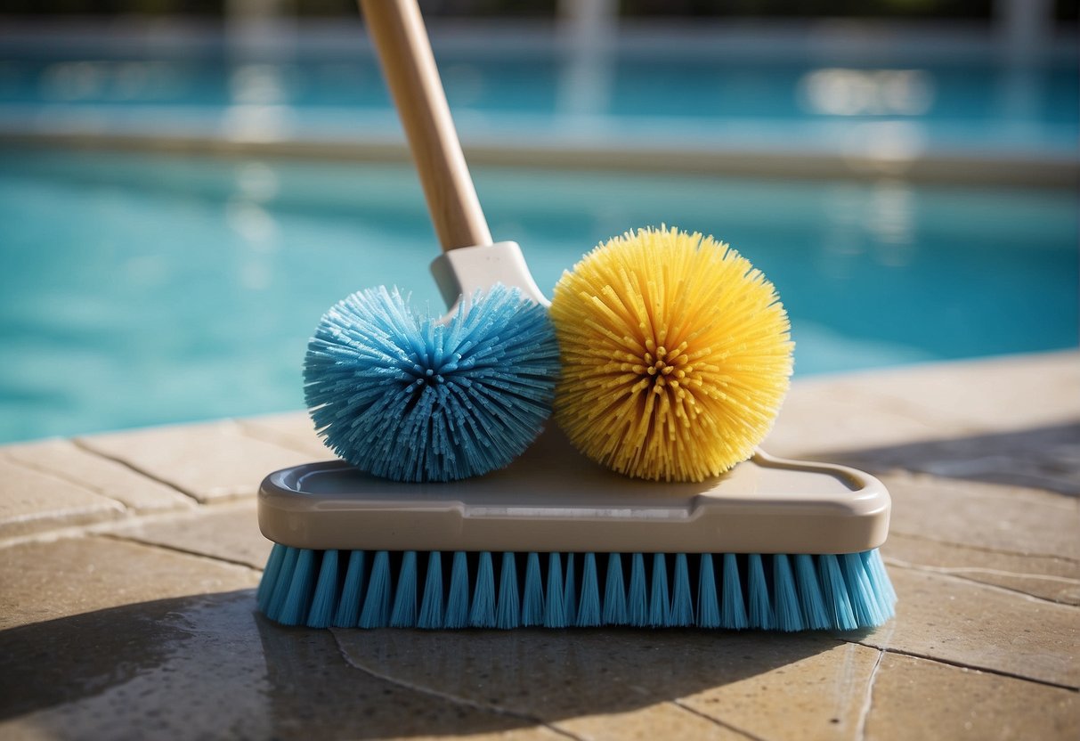 A pool brush scrubbing the walls and floor of a pool, with different types of brushes displayed nearby for various pool surfaces