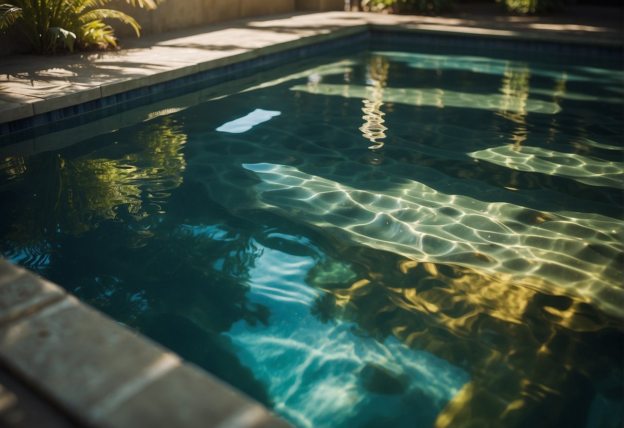 A pool with clear water, reflecting sunlight. A brush glides smoothly along the walls and floor, removing debris and algae