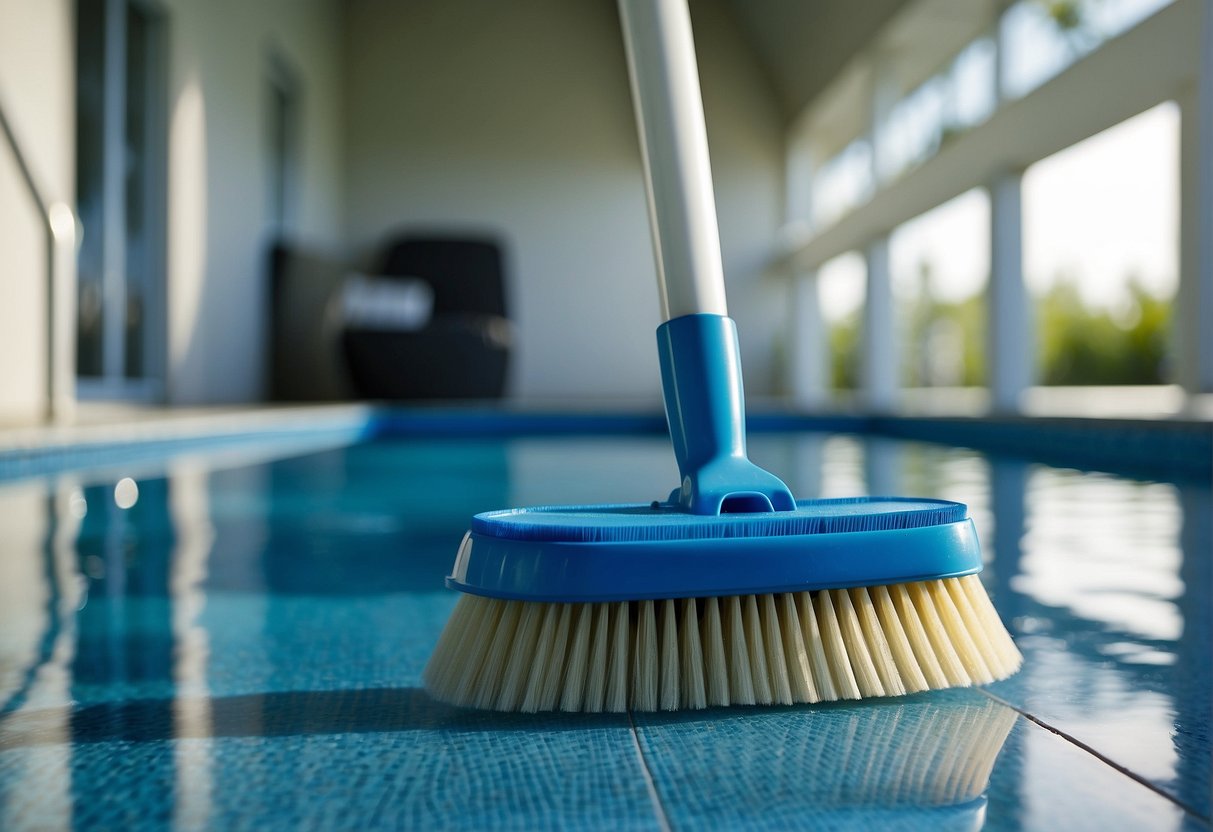 A pool brush hovers over the clear blue water, ready to tackle the walls and floors. Various cleaning tools sit nearby, waiting to be chosen for the job