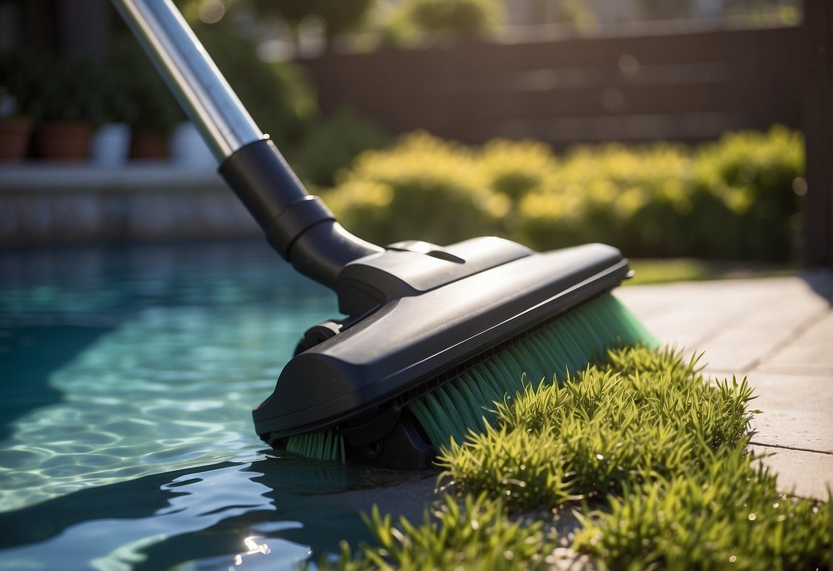 A pool vacuum and brush in use, removing debris and preventing algae growth