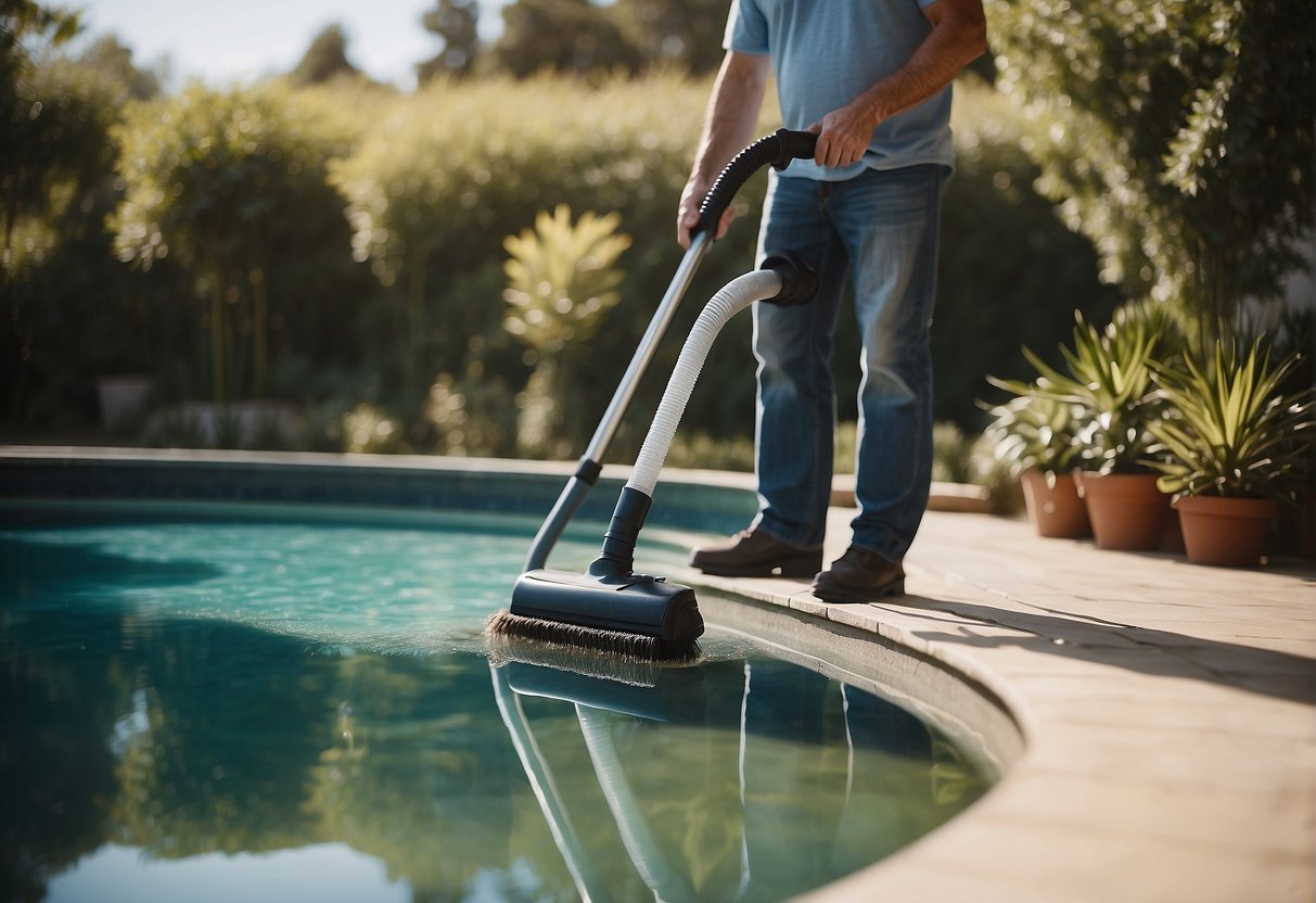 A person vacuuming and brushing a pool to prevent algae growth