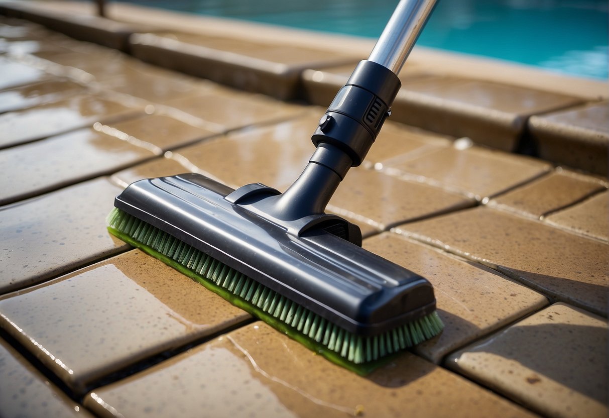A pool brush and vacuum are actively cleaning the pool floor and walls, removing debris and algae to maintain proper hygiene