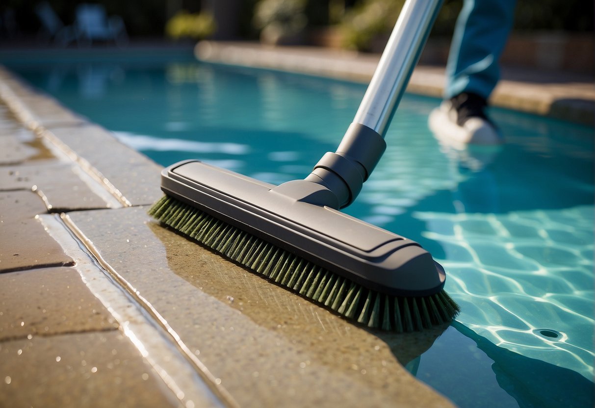 A pool vacuum and brush work together to clean the bottom and walls of a sparkling swimming pool, removing debris and algae for a pristine finish