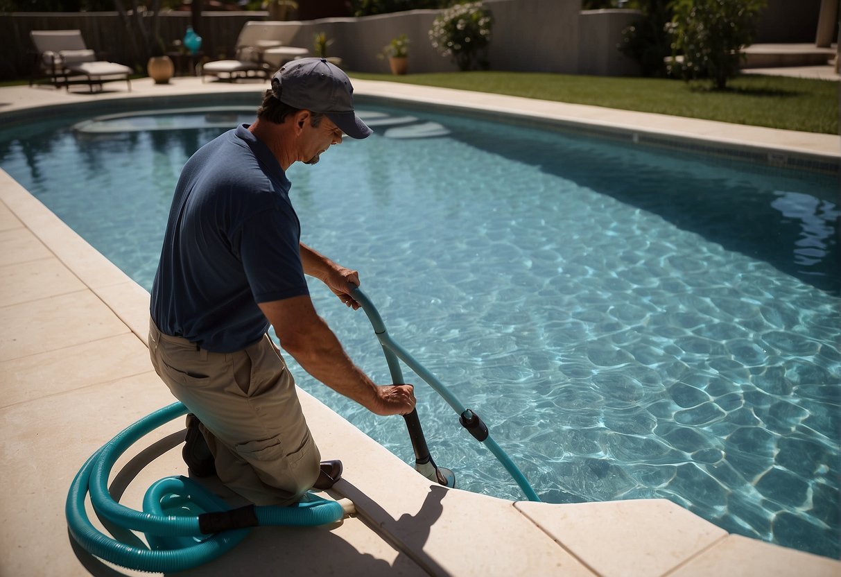 A person maintaining pool systems, vacuuming and brushing