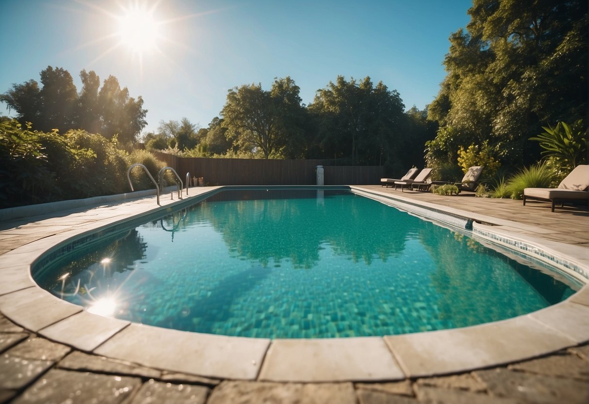A sparkling pool with a clean filter, surrounded by lush greenery and clear blue skies, showcasing the importance of regular filter cleaning for a healthy and inviting swimming environment