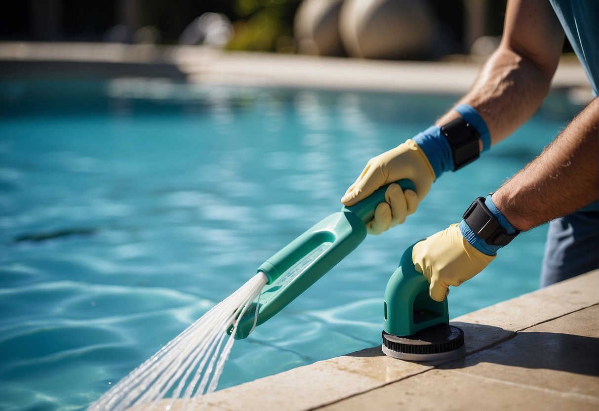 A pool filter being cleaned with a brush and hose, surrounded by a clean and well-maintained pool area