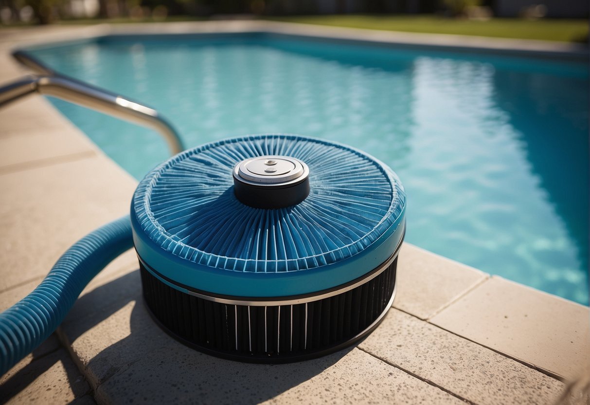 A pool filter sits next to a sparkling clean pool. A person follows a step-by-step guide, removing and cleaning the filter to ensure a healthy and clear pool