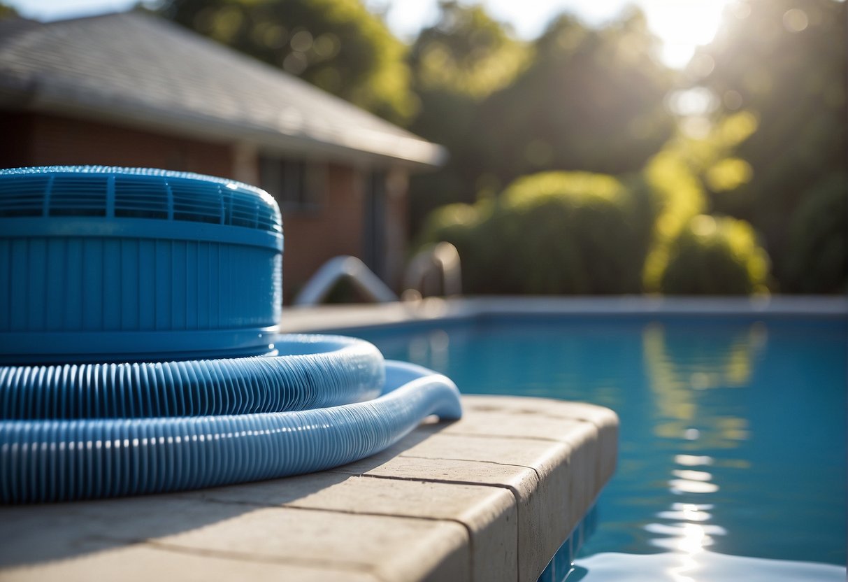 A pool filter sits beside a sparkling blue swimming pool. A person cleans the filter, removing debris and rinsing it with a hose