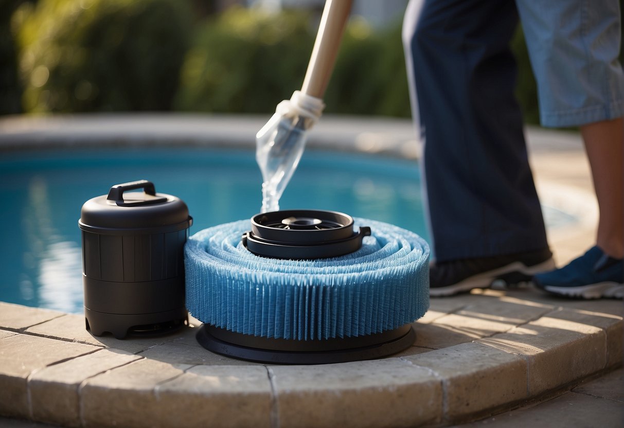 A pool filter is being cleaned with a brush and hose, while the water is being drained into a nearby drain