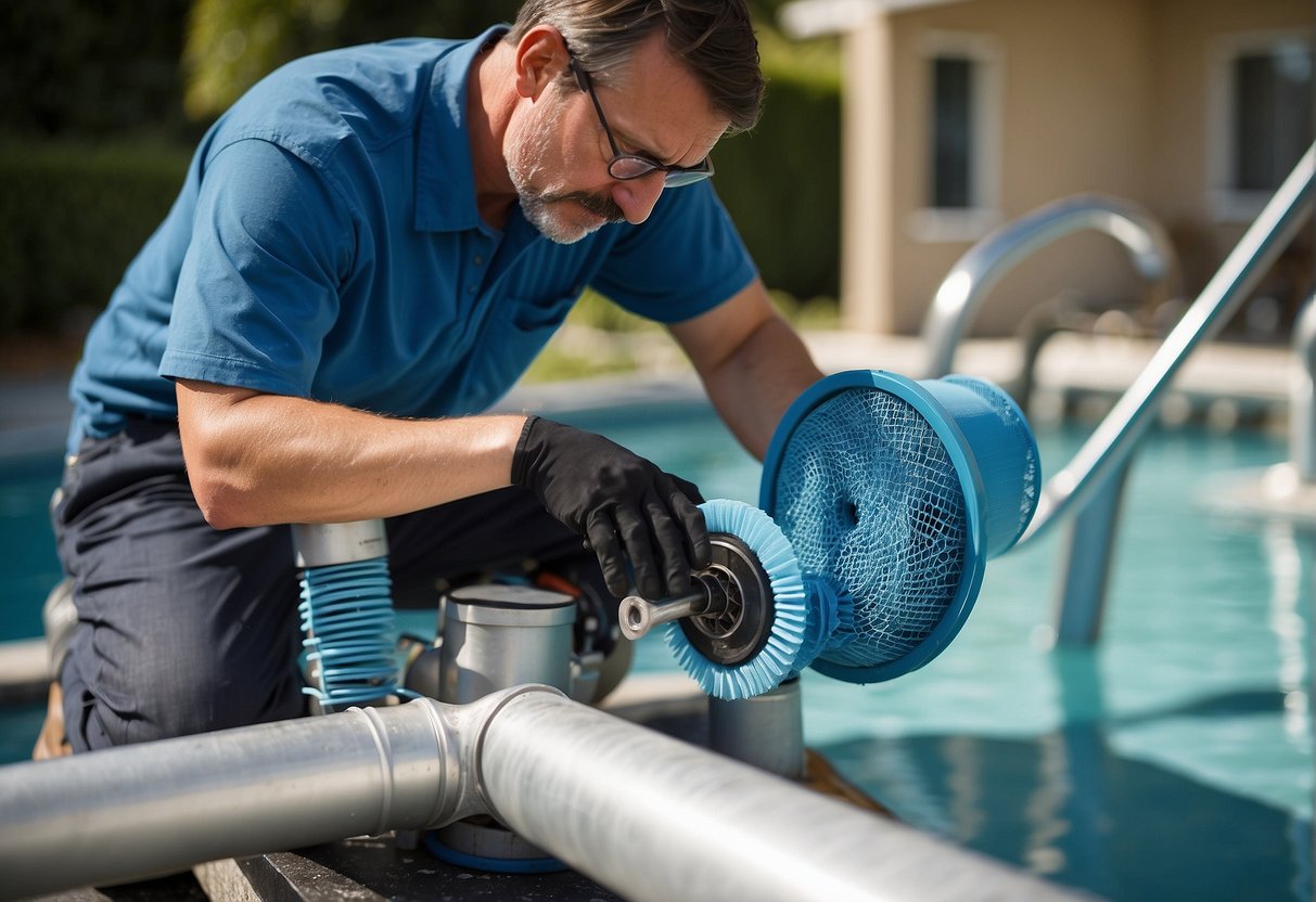 A technician carefully removes and cleans a swimming pool filter using specialized tools and equipment. The process involves disassembling the filter, scrubbing the components, and reassembling it for optimal performance