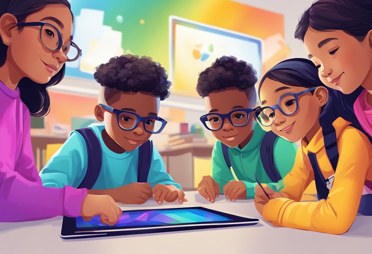 Primary students using tablets to work together on a digital art project, sharing ideas and collaborating on a colorful, imaginative design