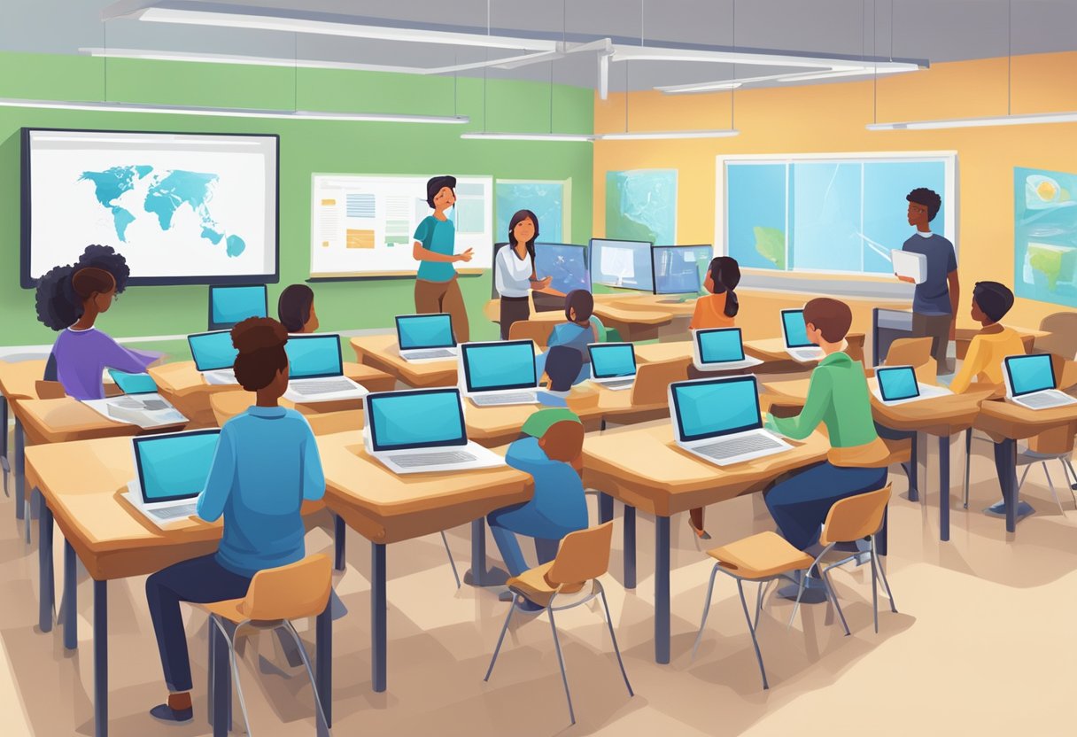 A classroom with students using tablets and computers to collaborate on a project. Technology integrated into learning materials and interactive displays