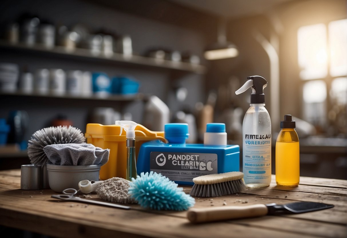 A cluttered workbench with dirty filters and cleaning supplies. A professional cleaning logo on one side and a DIY cleaning logo on the other